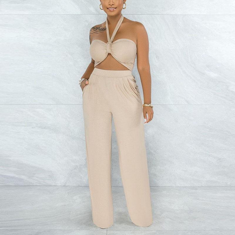 Beach Straight Pants Set For Women Tracksuit Crop Tops Matching Set