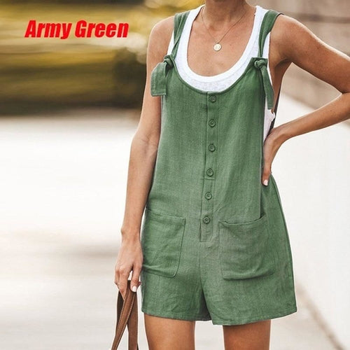 Women Sleeveless Suspender Buttons Pocket Jumpsuits