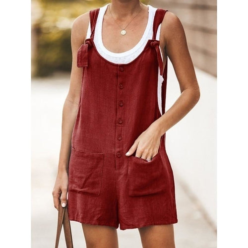 Women Sleeveless Suspender Buttons Pocket Jumpsuits