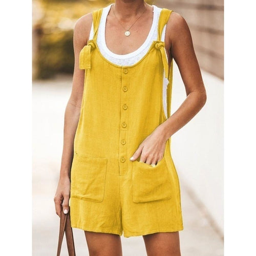 Women Sleeveless Suspender Buttons Pocket Jumpsuits