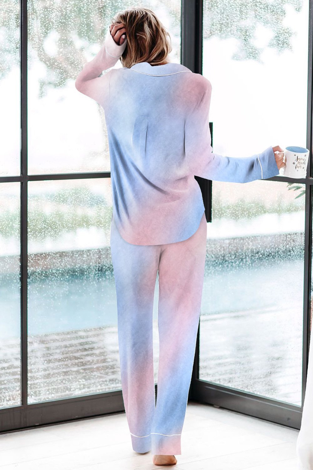 Blue Pink Tie-dye Long Sleeve Shirt with Pants Pajamas Set