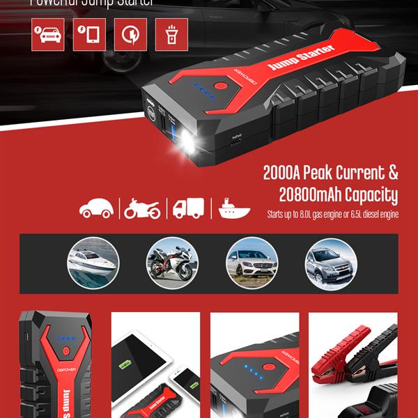 2000A 20800mAh Portable Car Jump Starter Auto Battery Booster Pack