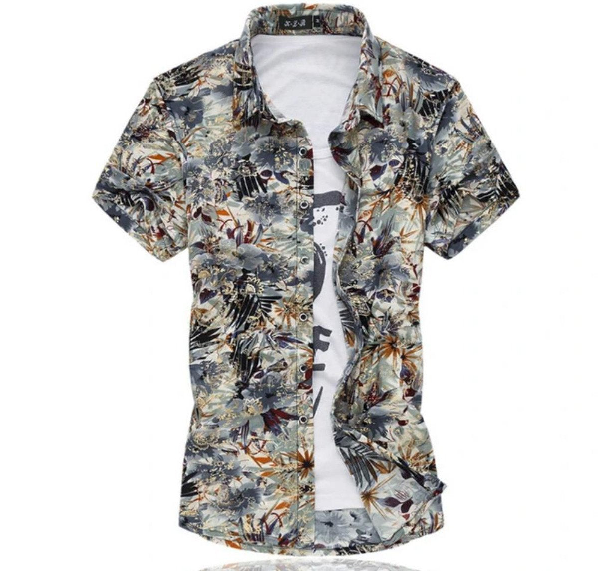 Mens Artistic Print Button Front Short Sleeve Shirt