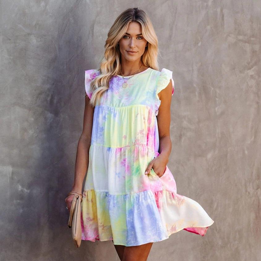 O-neck Sleeveless Tie-dye Printed Short Dress