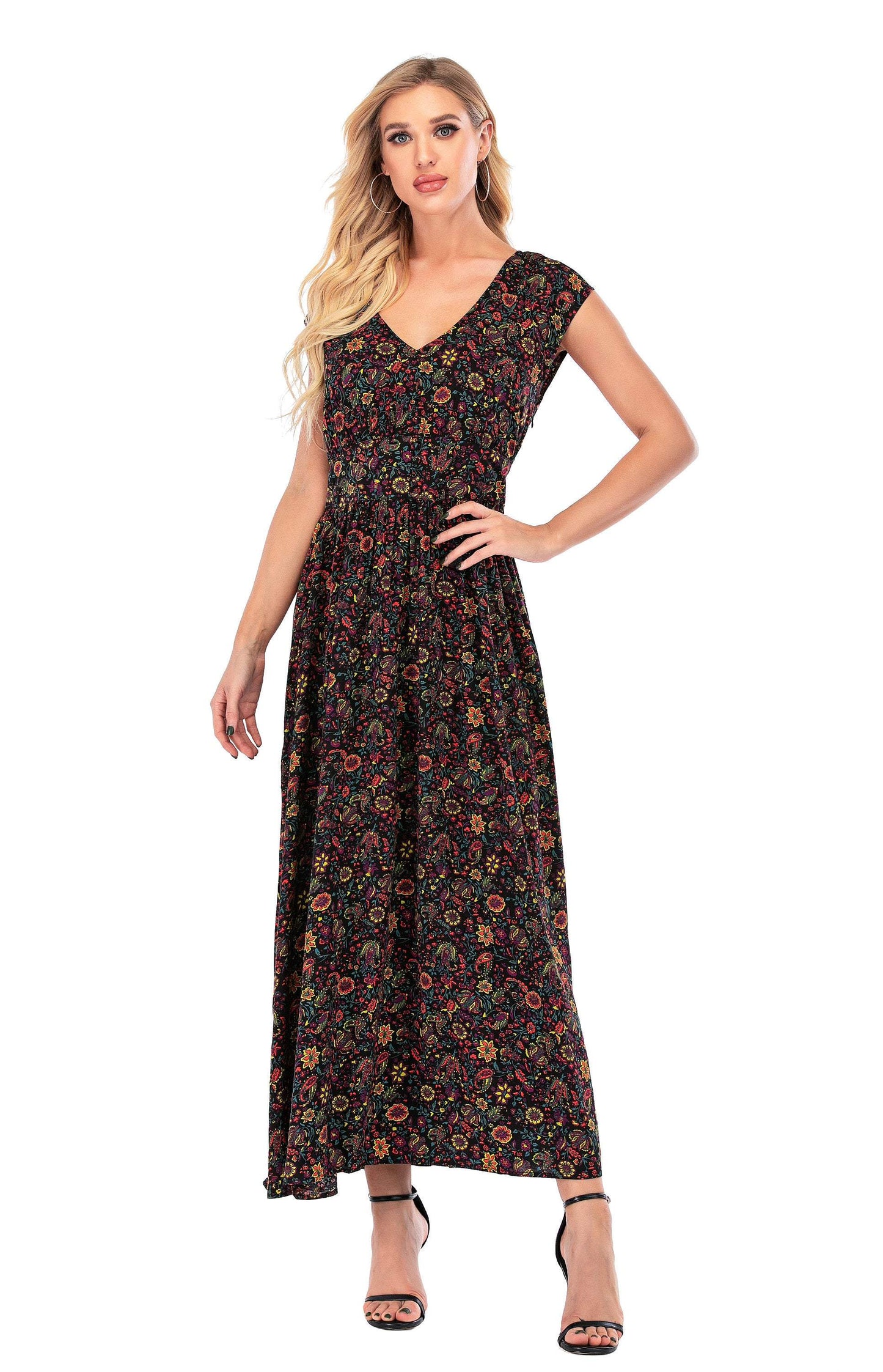 Calison Women's Sleeveless V Neck Maxi Floral Dress