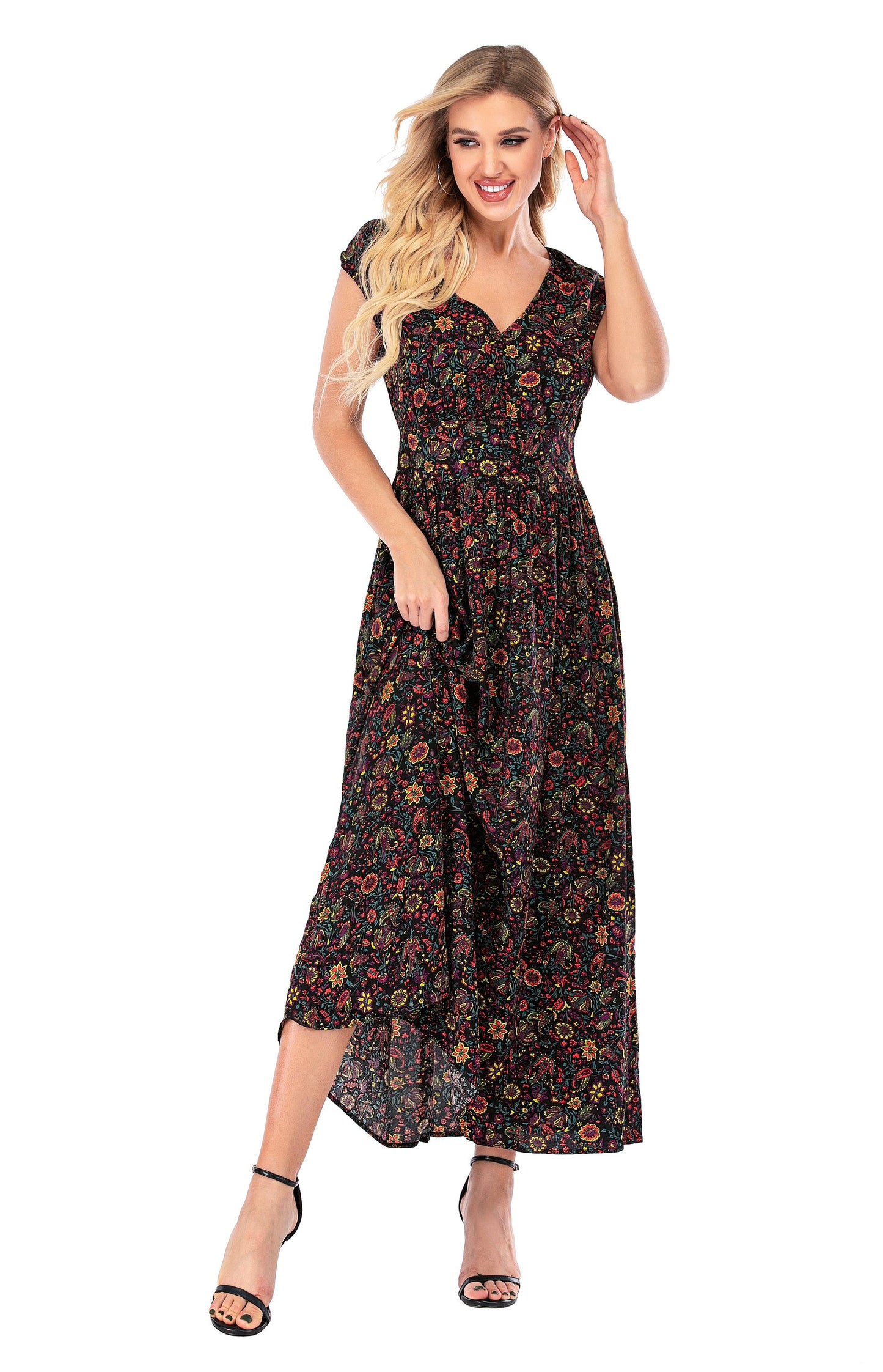 Calison Women's Sleeveless V Neck Maxi Floral Dress