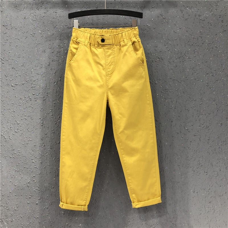 New Arrival Summer Women Harem Pants All-matched Casual Cotton Denim Pants Elastic Waist Plus Size Yellow White Jeans D321