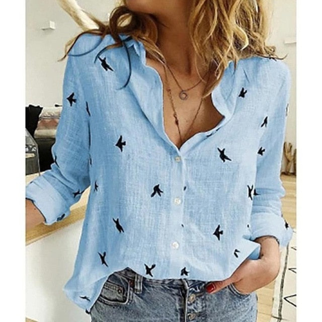 Casual Long Sleeve Birds Print Loose Shirts Women Cotton and Linen Blouses and Tops Vintage Streetwear Plus Size 5XL Tunic