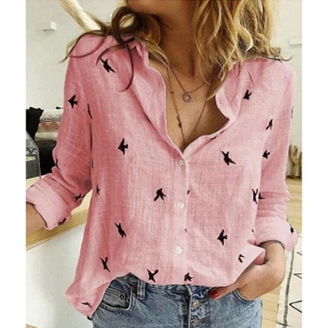 Casual Long Sleeve Birds Print Loose Shirts Women Cotton and Linen Blouses and Tops Vintage Streetwear Plus Size 5XL Tunic