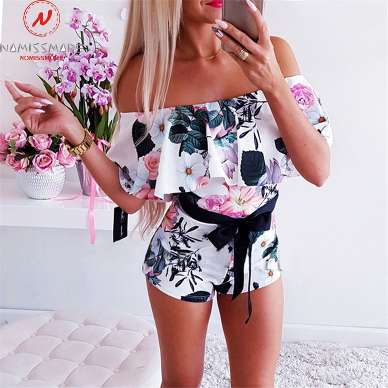 Women Playsuits for Streetwear Patchwork Design Belt Decor One Neck Off Shoulder Short Sleeve Print Summer Slim Jumpsuits