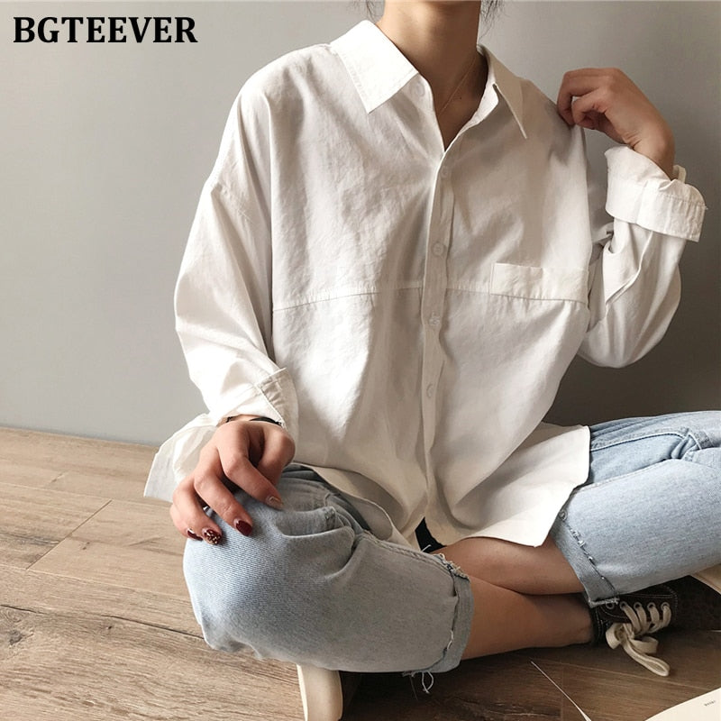 BGTEEVER Minimalist Loose White Shirts for Women Turn-down Collar Solid Female Shirts Tops 2020 Spring Summer Blouses