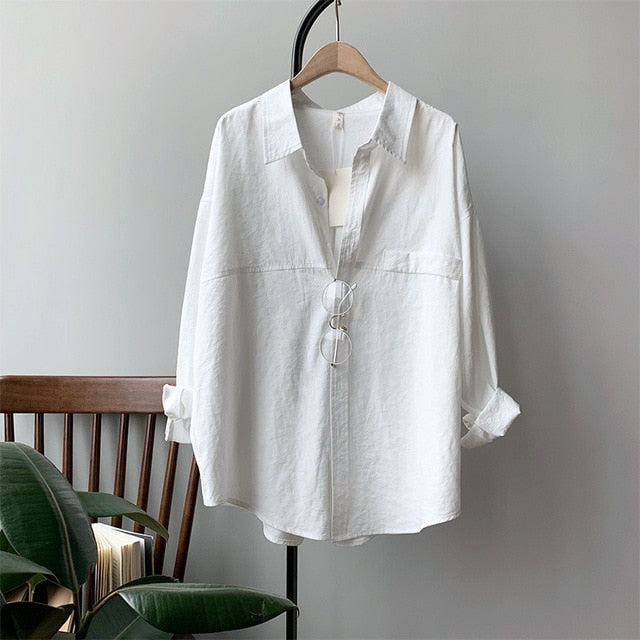 BGTEEVER Minimalist Loose White Shirts for Women Turn-down Collar Solid Female Shirts Tops 2020 Spring Summer Blouses