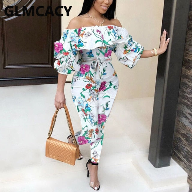 Womne Long Sleeve Floral Printed Skinny Jumpsuit Sexy Chic Elegant Jumpsuits