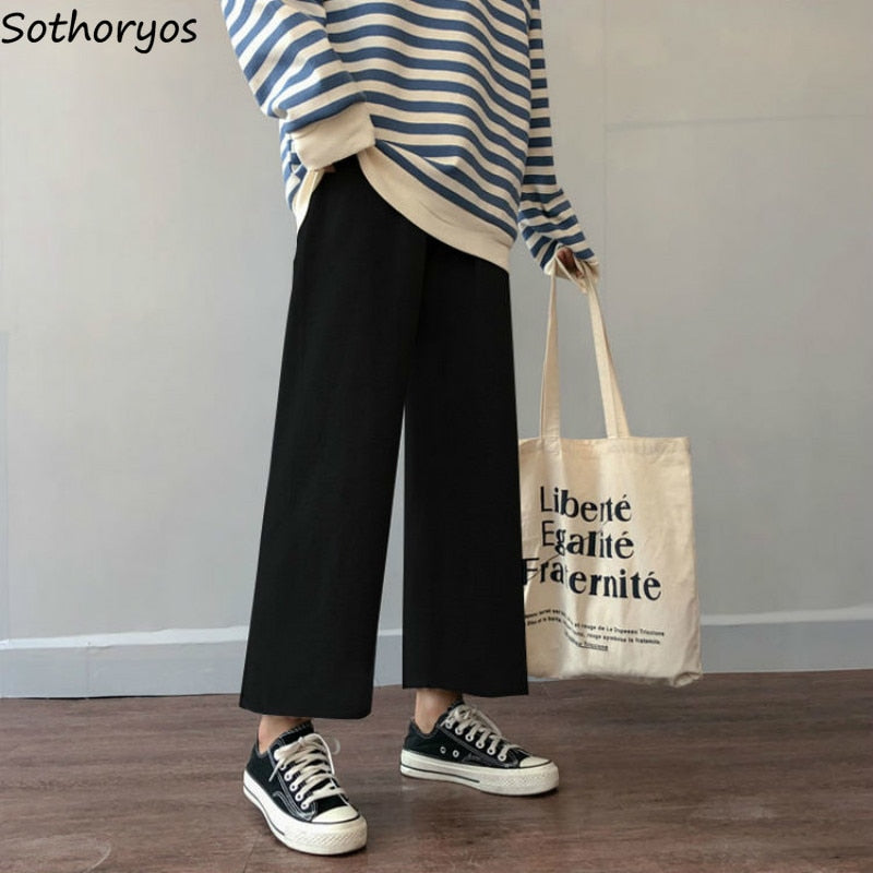 Cusual Pants Women Spring Summer Ankle-length Loose Wide Leg Elastic High Waist Oversize Black Simple Comfortable Elegant Ladies