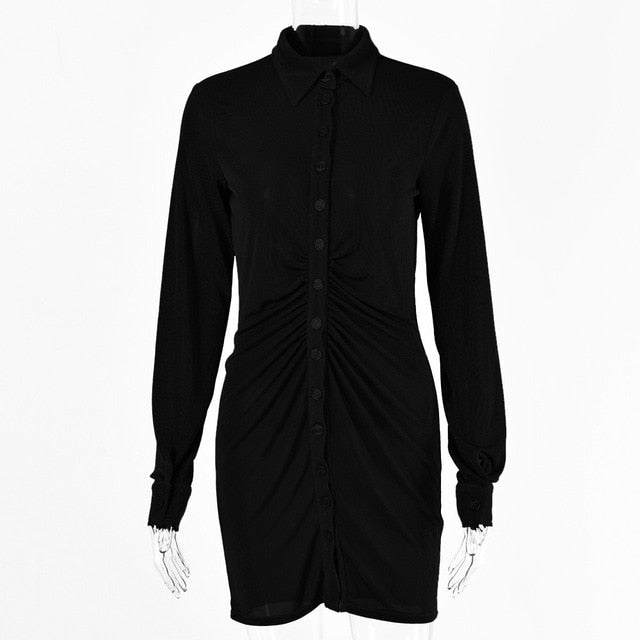 FANTOYE Pleated Turn-Down Collar Button Blouse Dress Women Sexy Long Sleeve Mini Dresses Solid Streetwear Female Shirt Vestidos