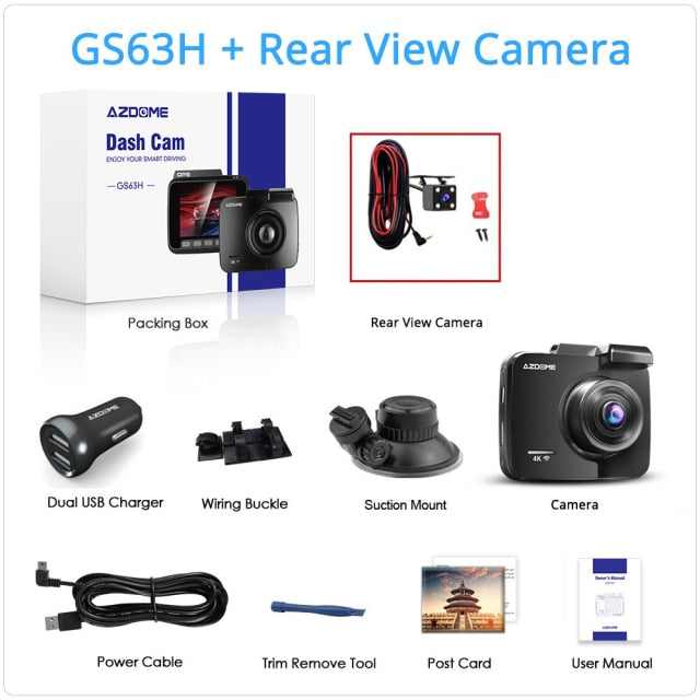 Newest AZDOME GS63H Dash Cam Dual Lens 4K UHD Recording Dashboard Camera Super Night Vision - WDR Built-In GPS Wi-Fi G-Sensor