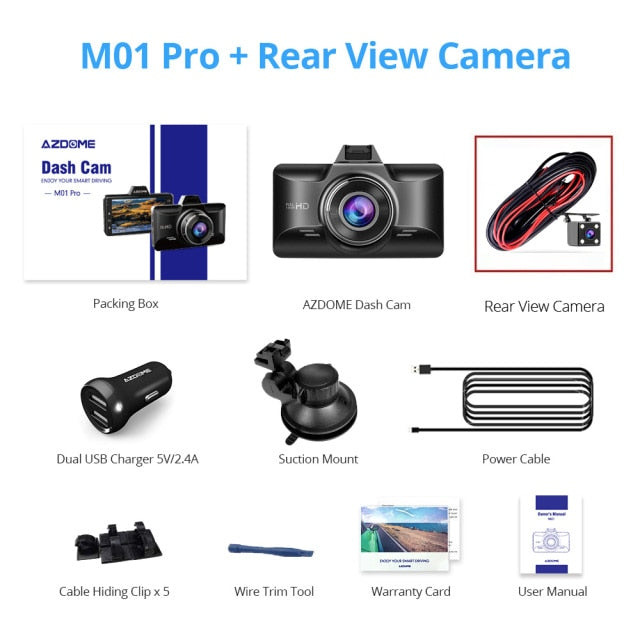 Newest AZDOME M01 Pro FHD 1080P Dash Cam, 3 Inch DVR Car Driving Recorder, Night Vision, Park Monitor, G-Sensor, Loop Recording