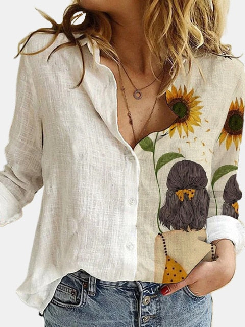 Fashion Retro Portrait Floral Print Women Shirt  Autumn Stitching Button Long Sleeve Cotton Linen Blouses Casual Street Lady Top