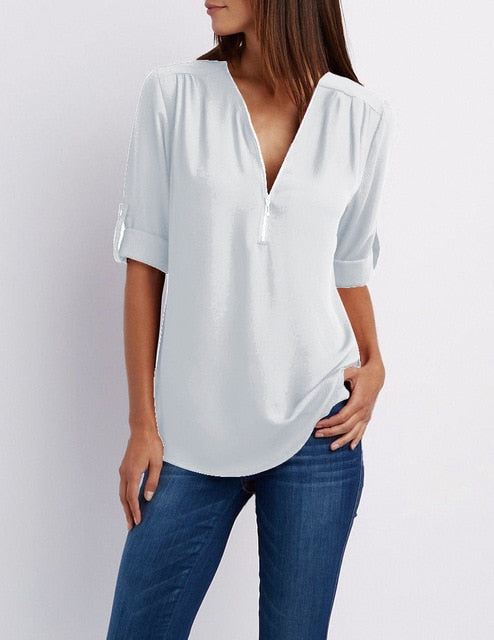 Women Shirts Summer Autumn Casual V-neck Chiffon Blouse Women Top Camisa Feminina Long Sleeve Black White Ladies Blouses Shirt