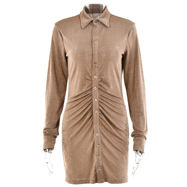 FANTOYE Pleated Turn-Down Collar Button Blouse Dress Women Sexy Long Sleeve Mini Dresses Solid Streetwear Female Shirt Vestidos