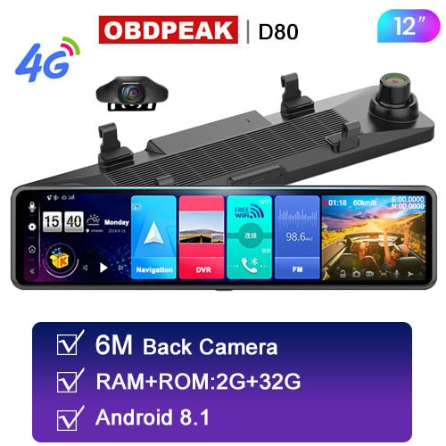 OBEPEAK D91 12" Car DVR Rearview Mirror 4G Android 8.1 Dash Cam GPS Navigation ADAS Full HD 1080P Car Video Camera Recorder DVRS