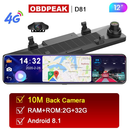 OBEPEAK D91 12" Car DVR Rearview Mirror 4G Android 8.1 Dash Cam GPS Navigation ADAS Full HD 1080P Car Video Camera Recorder DVRS