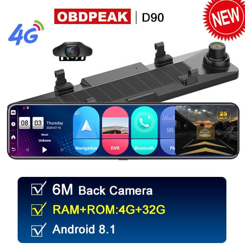 OBEPEAK D91 12" Car DVR Rearview Mirror 4G Android 8.1 Dash Cam GPS Navigation ADAS Full HD 1080P Car Video Camera Recorder DVRS