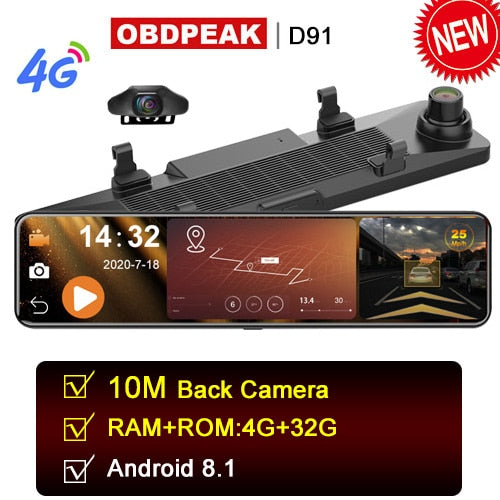 OBEPEAK D91 12" Car DVR Rearview Mirror 4G Android 8.1 Dash Cam GPS Navigation ADAS Full HD 1080P Car Video Camera Recorder DVRS