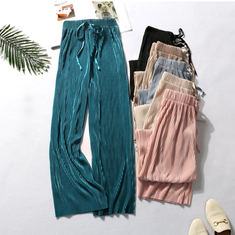 DASSWEI Summer Wide Leg Pants For Women Casual Elastic High Waist 2021 New Fashion Loose Long Pants Pleated Pant Trousers Femme