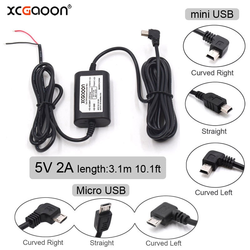 XCGaoon DC 12V to 5V 2A 3.1M Car Charge Cable Mini / Micro USB Hardwire Cord Auto Charging for Dash Cam Camcorder Vehicle DVR