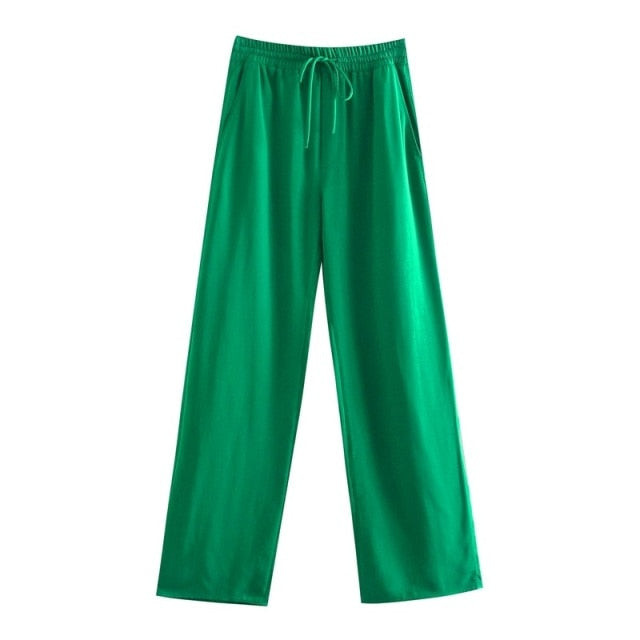 Tangada Fashion Women Green Casual Long Pants Trousers Vintage Style High Street Lady Pants Pantalon 5Z68