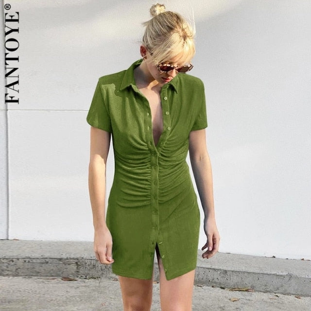 FANTOYE Pleated Turn-Down Collar Button Blouse Dress Women Sexy Long Sleeve Mini Dresses Solid Streetwear Female Shirt Vestidos