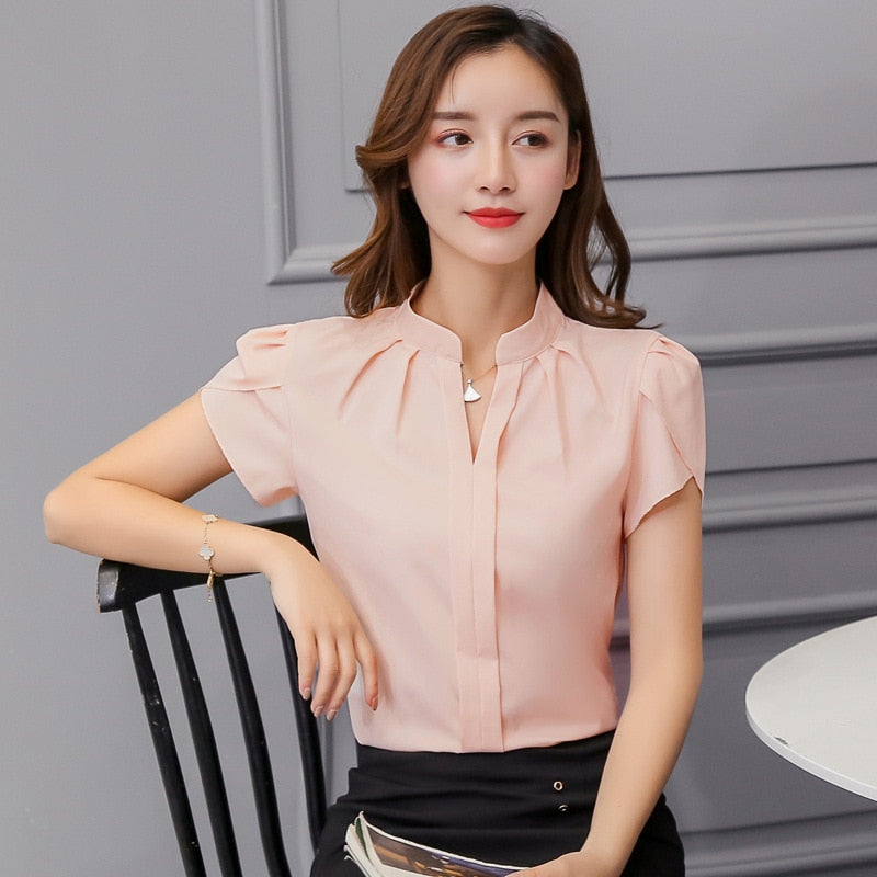 Korean Fashion Womens Tops and Blouses Chiffon Women Blouses Short Sleeve White Shirts Plus Size XXL Ladies Tops