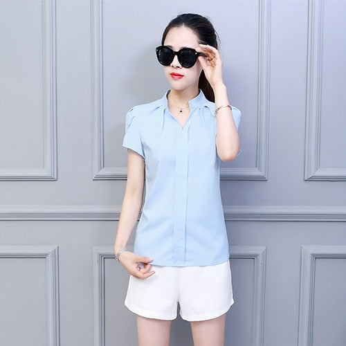 Korean Fashion Womens Tops and Blouses Chiffon Women Blouses Short Sleeve White Shirts Plus Size XXL Ladies Tops