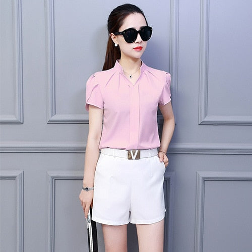 Korean Fashion Womens Tops and Blouses Chiffon Women Blouses Short Sleeve White Shirts Plus Size XXL Ladies Tops