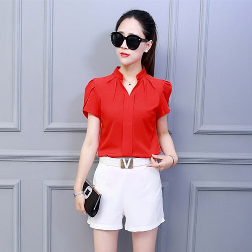 Korean Fashion Womens Tops and Blouses Chiffon Women Blouses Short Sleeve White Shirts Plus Size XXL Ladies Tops