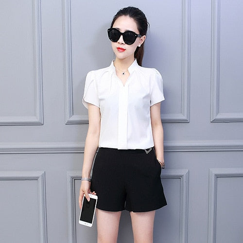 Korean Fashion Womens Tops and Blouses Chiffon Women Blouses Short Sleeve White Shirts Plus Size XXL Ladies Tops